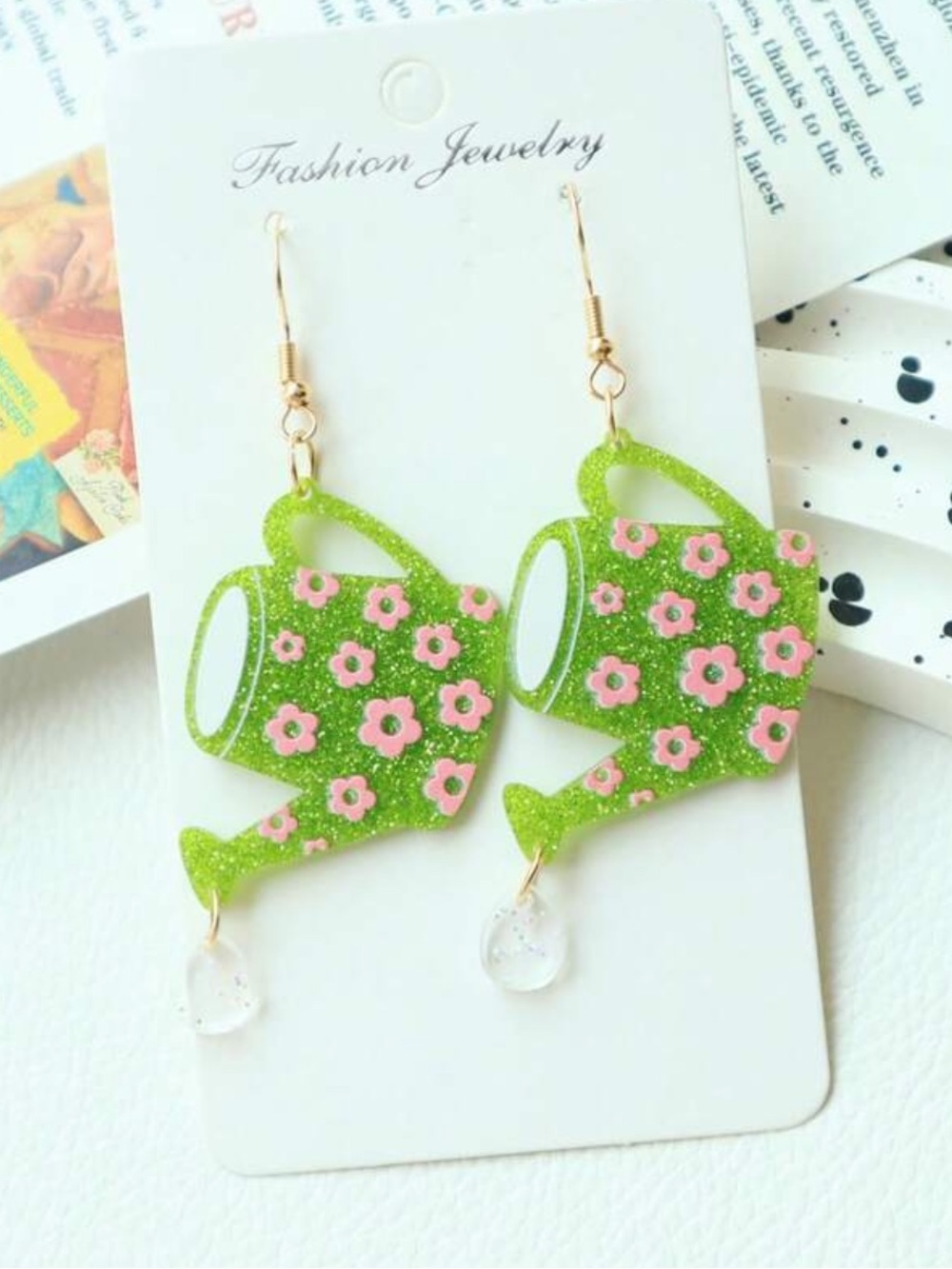 Green Floral Watering Can Dangle Earrings